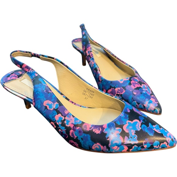 Boden Blue Floral Leather Slingback Kitten Heel‎ - Adorable! Size 37 / 6.5 - Picture 1 of 7